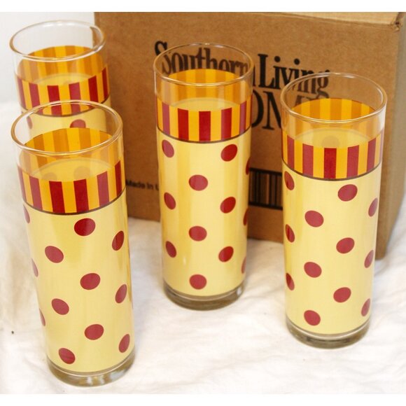 Southern Living Gail Pittman Siena Tumblers Set of 4 Yellow Red Stripe Dot 40485 - Picture 2 of 4